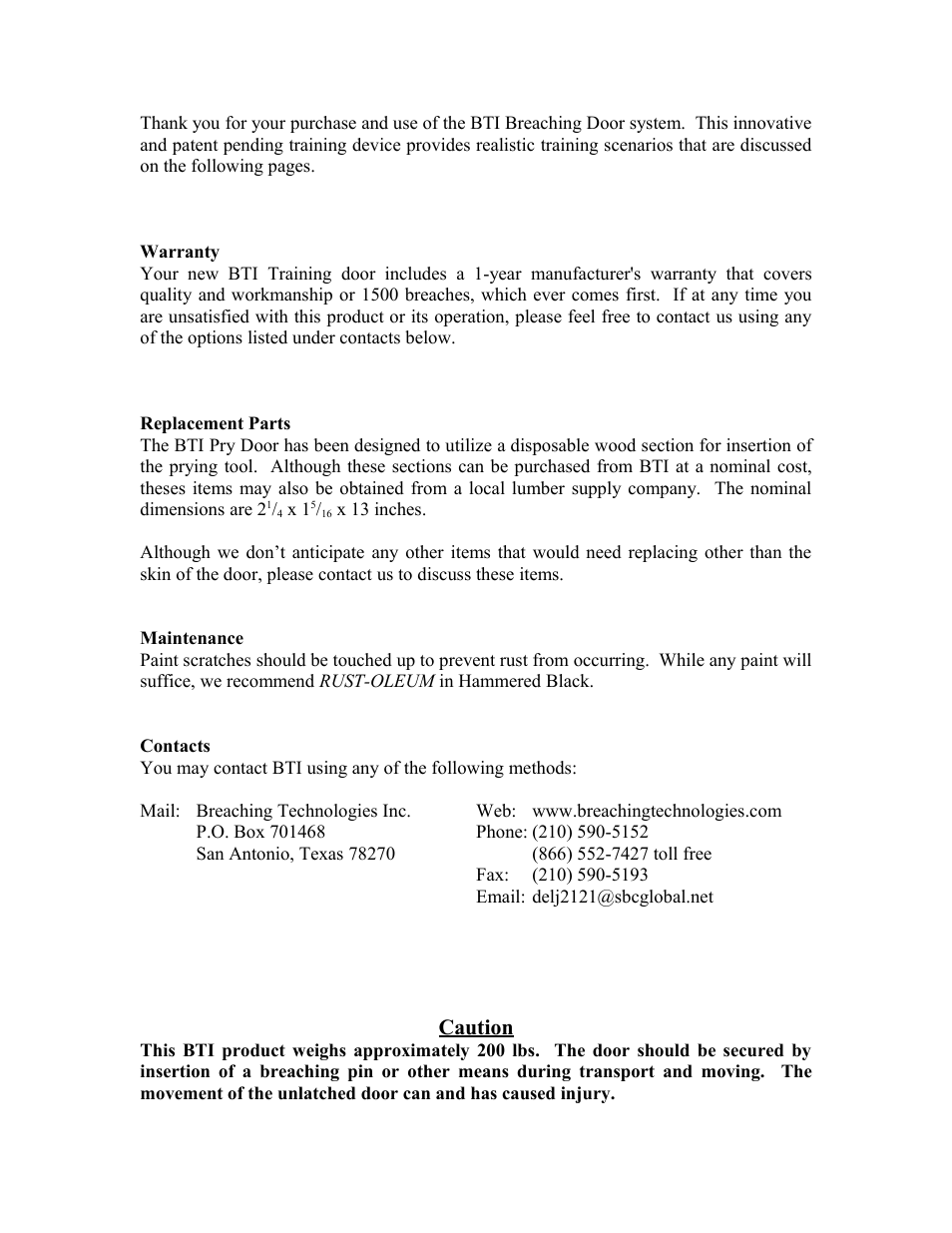 Caution | Breaching Technologies Pry Breaching Door User Manual | Page 5 / 10