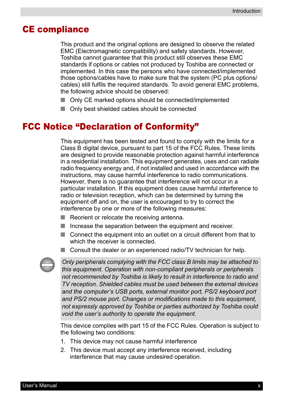 Ce compliance, Fcc notice “declaration of conformity | Toshiba Pocket PC e400 User Manual | Page 10 / 116