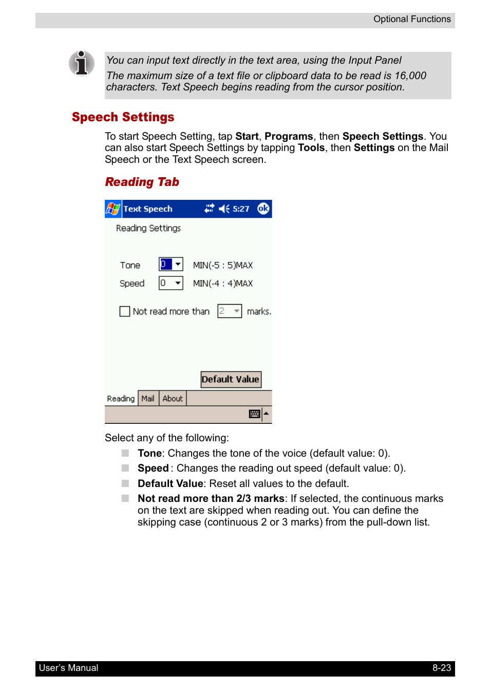 Speech settings | Toshiba Pocket PC e400 User Manual | Page 101 / 116