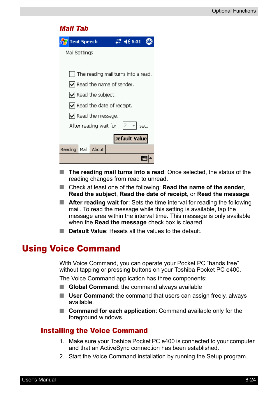Using voice command, Installing the voice command | Toshiba Pocket PC e400 User Manual | Page 102 / 116