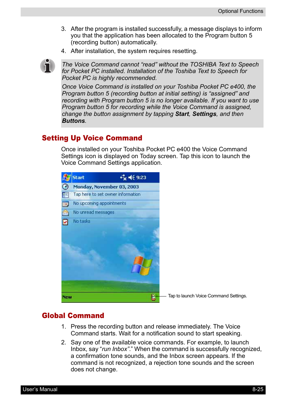 Setting up voice command, Global command | Toshiba Pocket PC e400 User Manual | Page 103 / 116