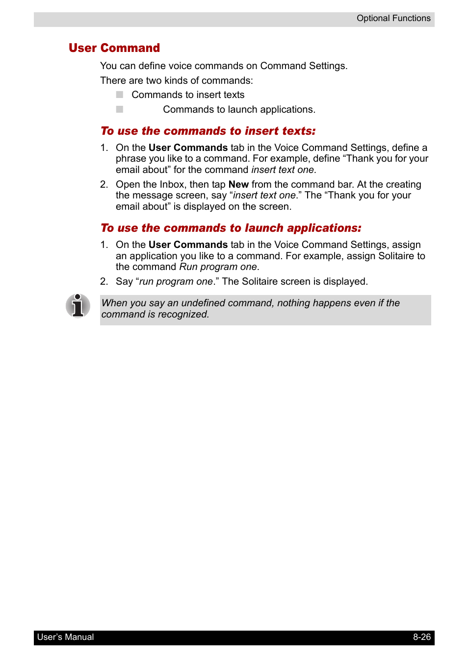 User command | Toshiba Pocket PC e400 User Manual | Page 104 / 116