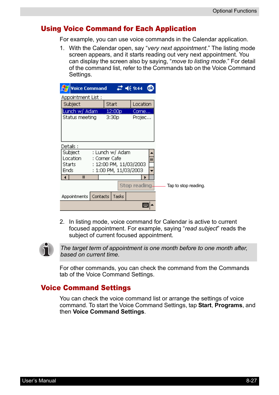 Using voice command for each application, Voice command settings | Toshiba Pocket PC e400 User Manual | Page 105 / 116