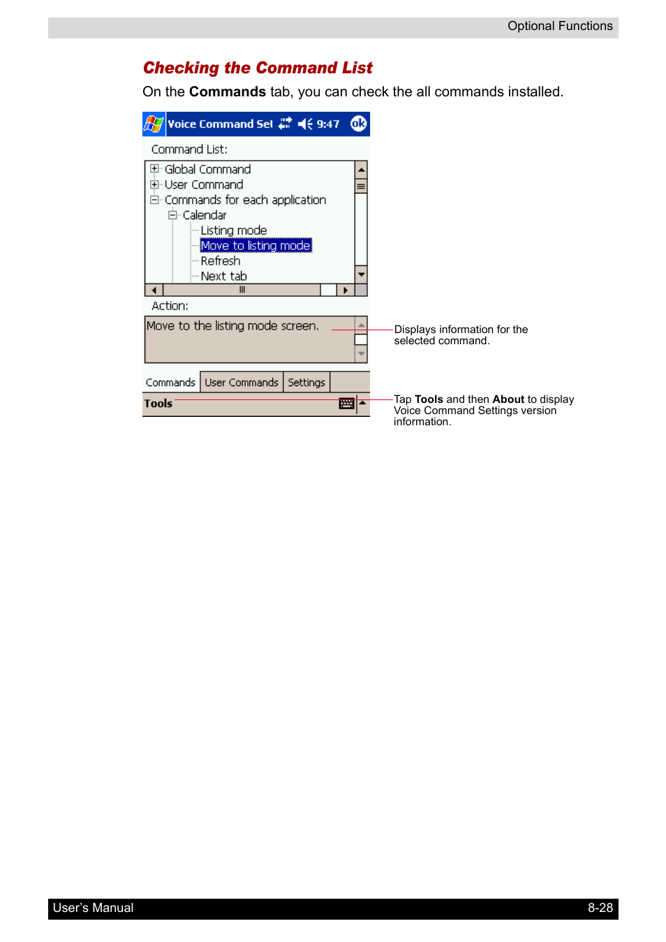 Checking the command list | Toshiba Pocket PC e400 User Manual | Page 106 / 116