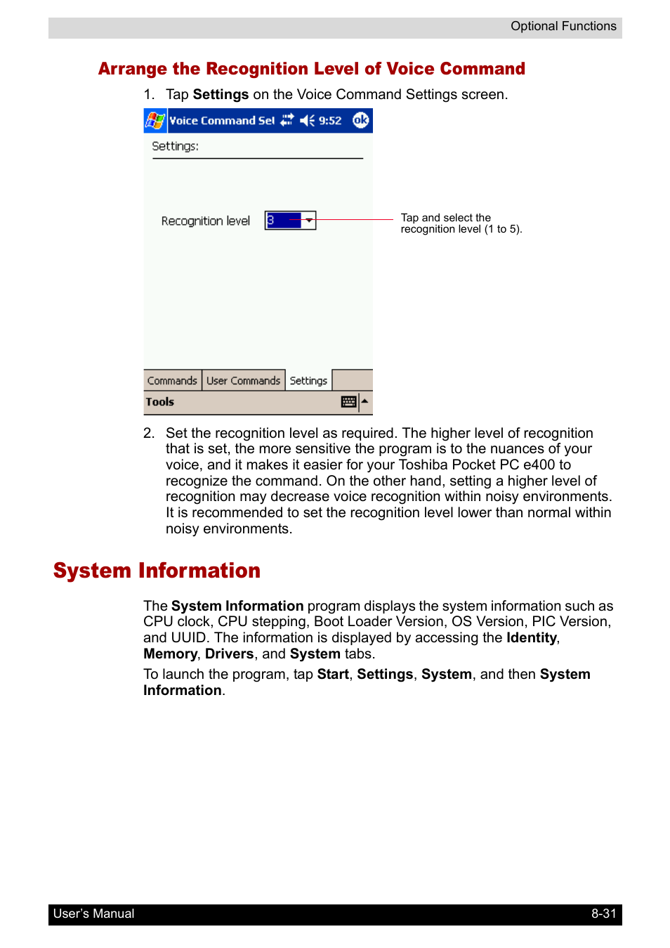 Arrange the recognition level of voice command, System information | Toshiba Pocket PC e400 User Manual | Page 109 / 116