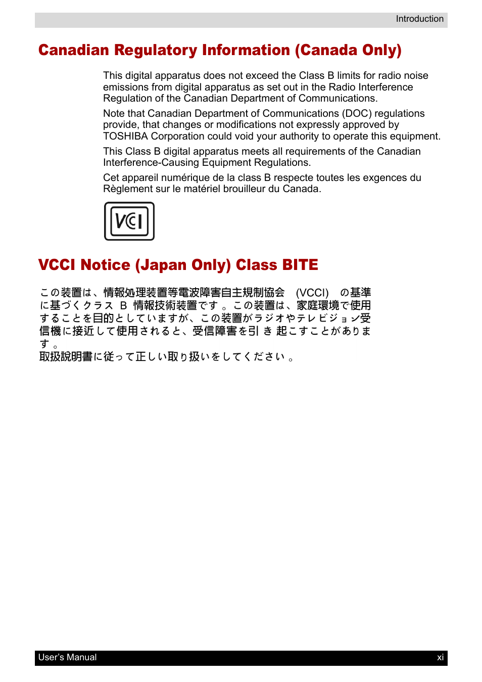 Canadian regulatory information (canada only), Vcci notice (japan only) class bite | Toshiba Pocket PC e400 User Manual | Page 11 / 116