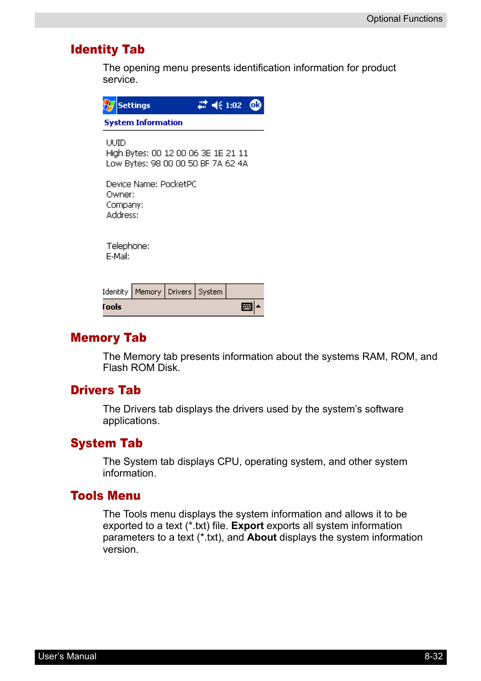 Identity tab, Memory tab, Drivers tab | System tab, Tools menu | Toshiba Pocket PC e400 User Manual | Page 110 / 116