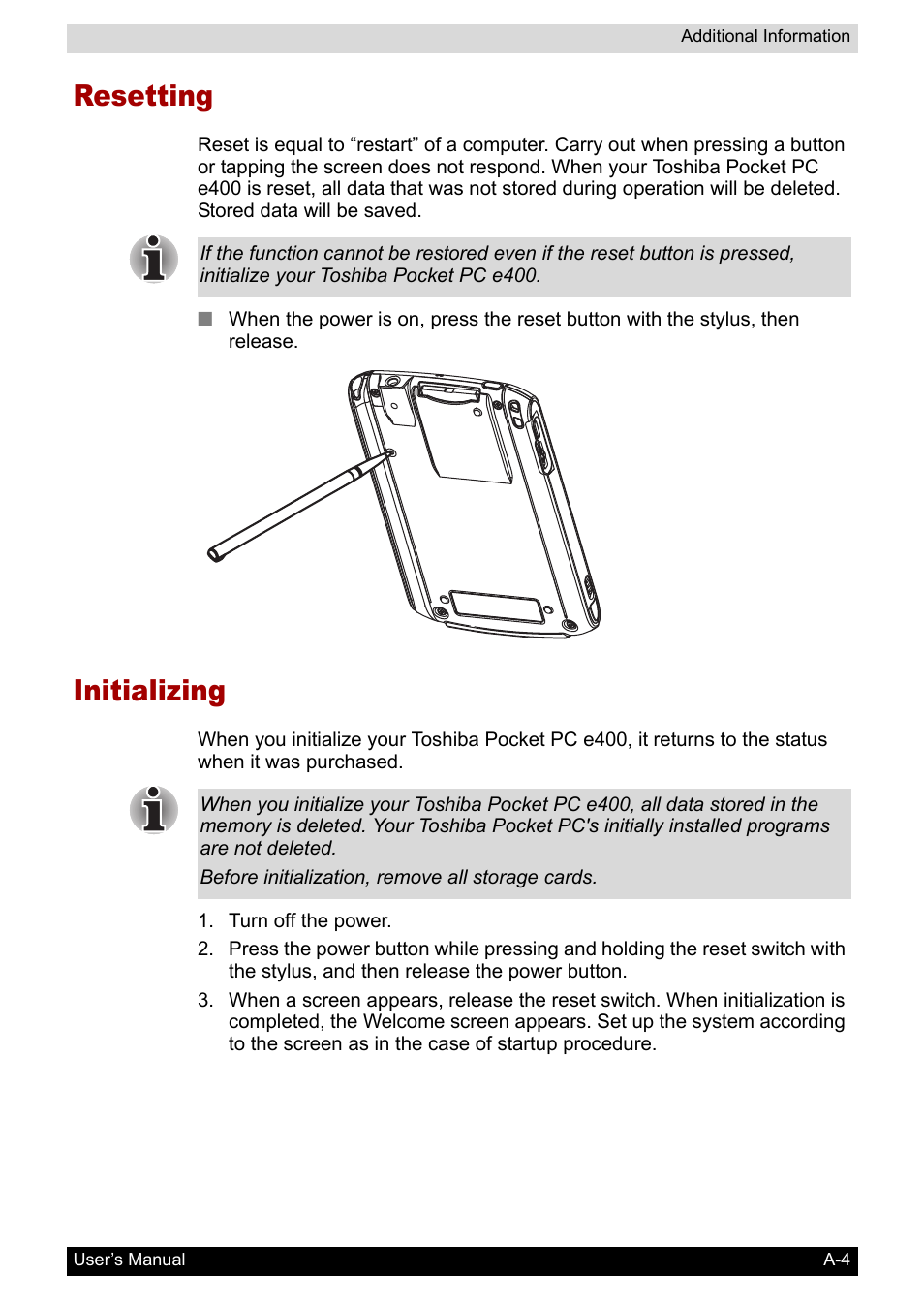 Resetting, Initializing | Toshiba Pocket PC e400 User Manual | Page 114 / 116