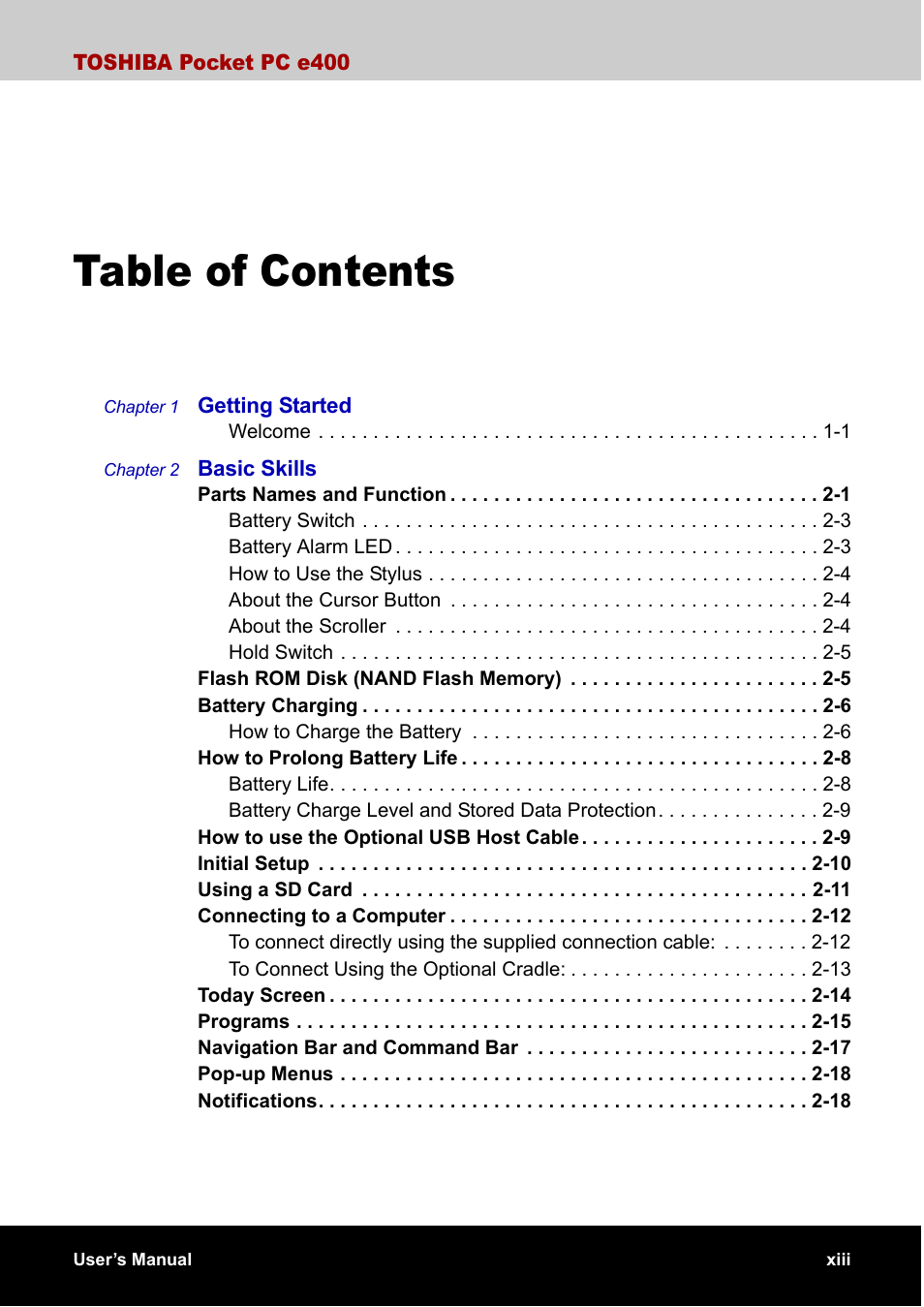 Toshiba Pocket PC e400 User Manual | Page 13 / 116