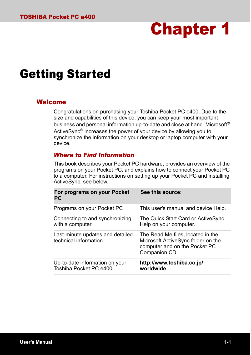 Getting started, Welcome, Chapter 1 | Toshiba Pocket PC e400 User Manual | Page 17 / 116