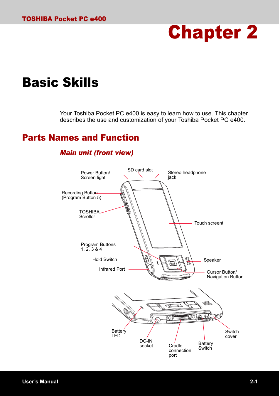 Basic skills, Parts names and function, Chapter 2 | Main unit (front view), Toshiba pocket pc e400 | Toshiba Pocket PC e400 User Manual | Page 18 / 116