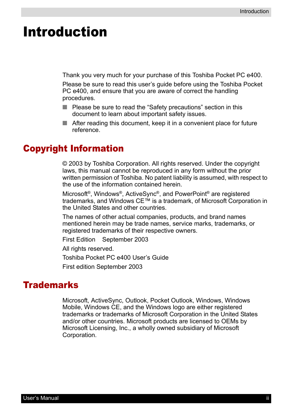 Introduction, Copyright information, Trademarks | Toshiba Pocket PC e400 User Manual | Page 2 / 116