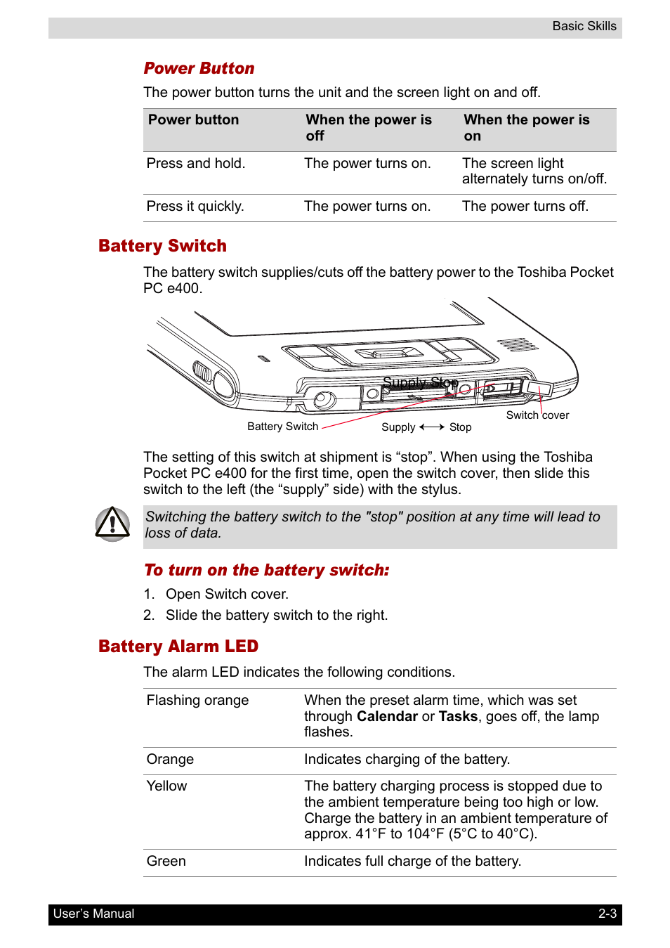 Battery switch, Battery alarm led, Power button | Toshiba Pocket PC e400 User Manual | Page 20 / 116