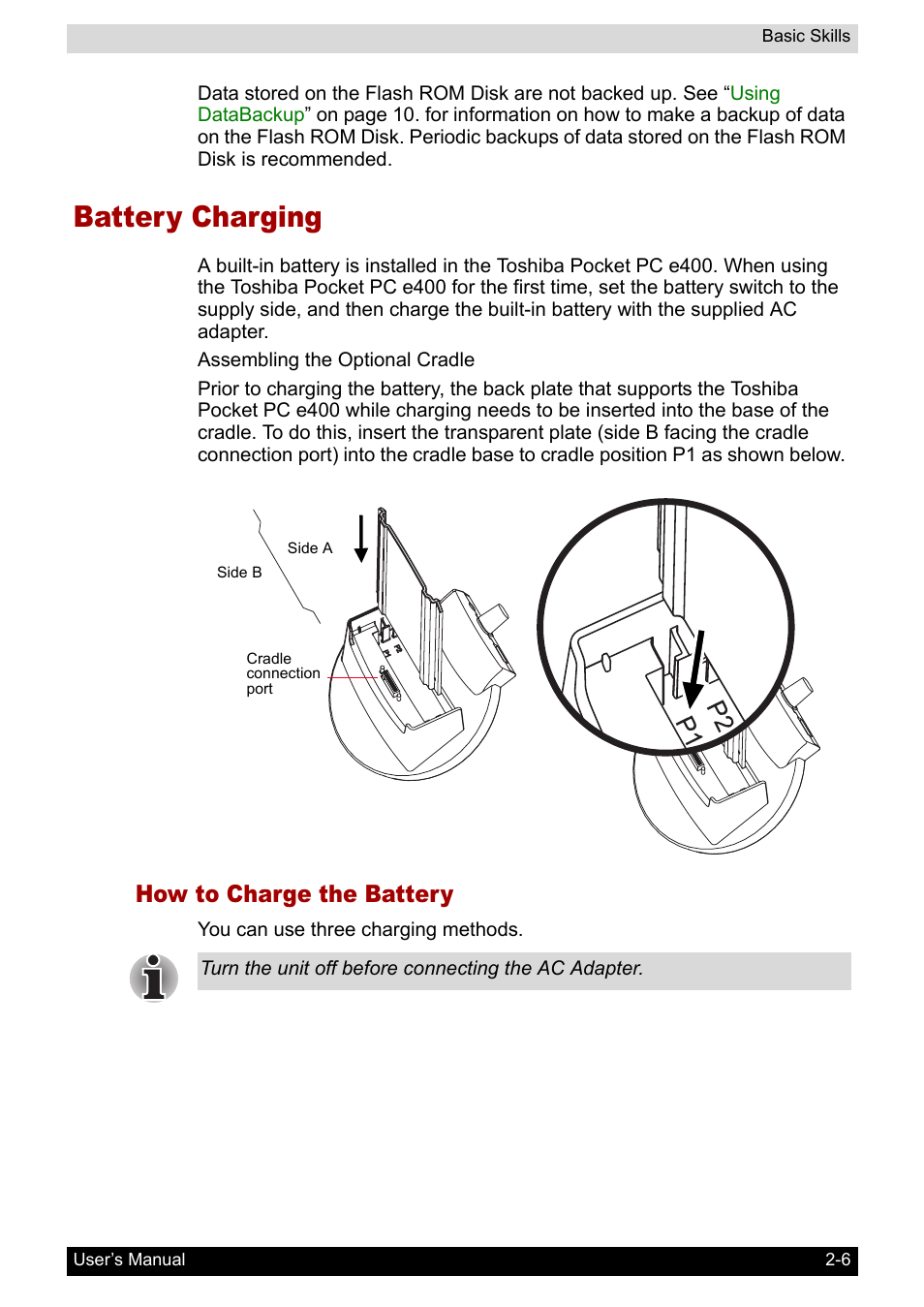 Battery charging, How to charge the battery | Toshiba Pocket PC e400 User Manual | Page 23 / 116