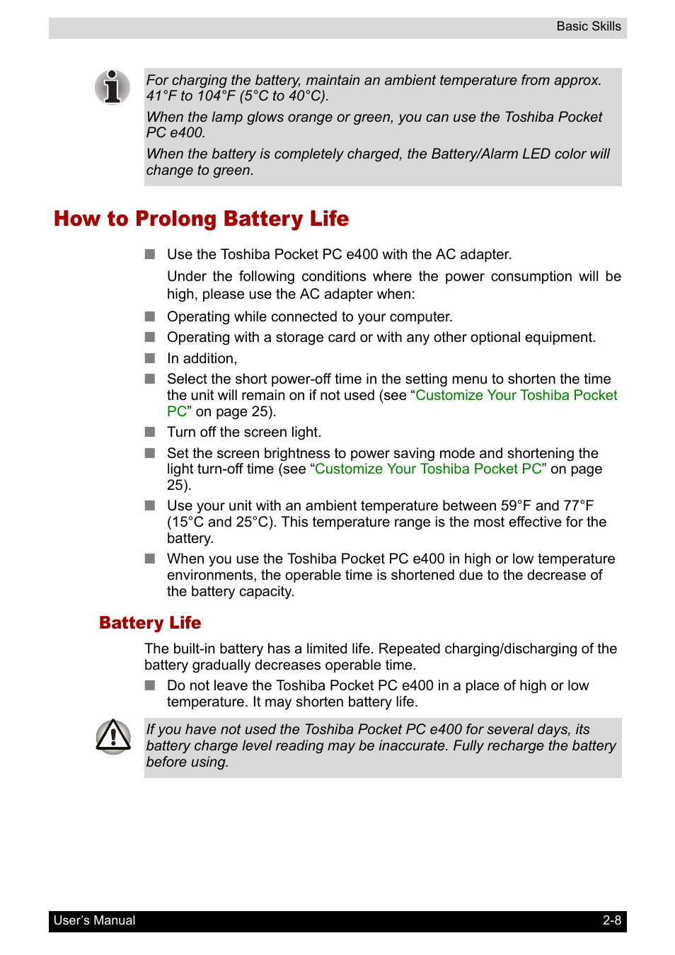 How to prolong battery life, Battery life | Toshiba Pocket PC e400 User Manual | Page 25 / 116