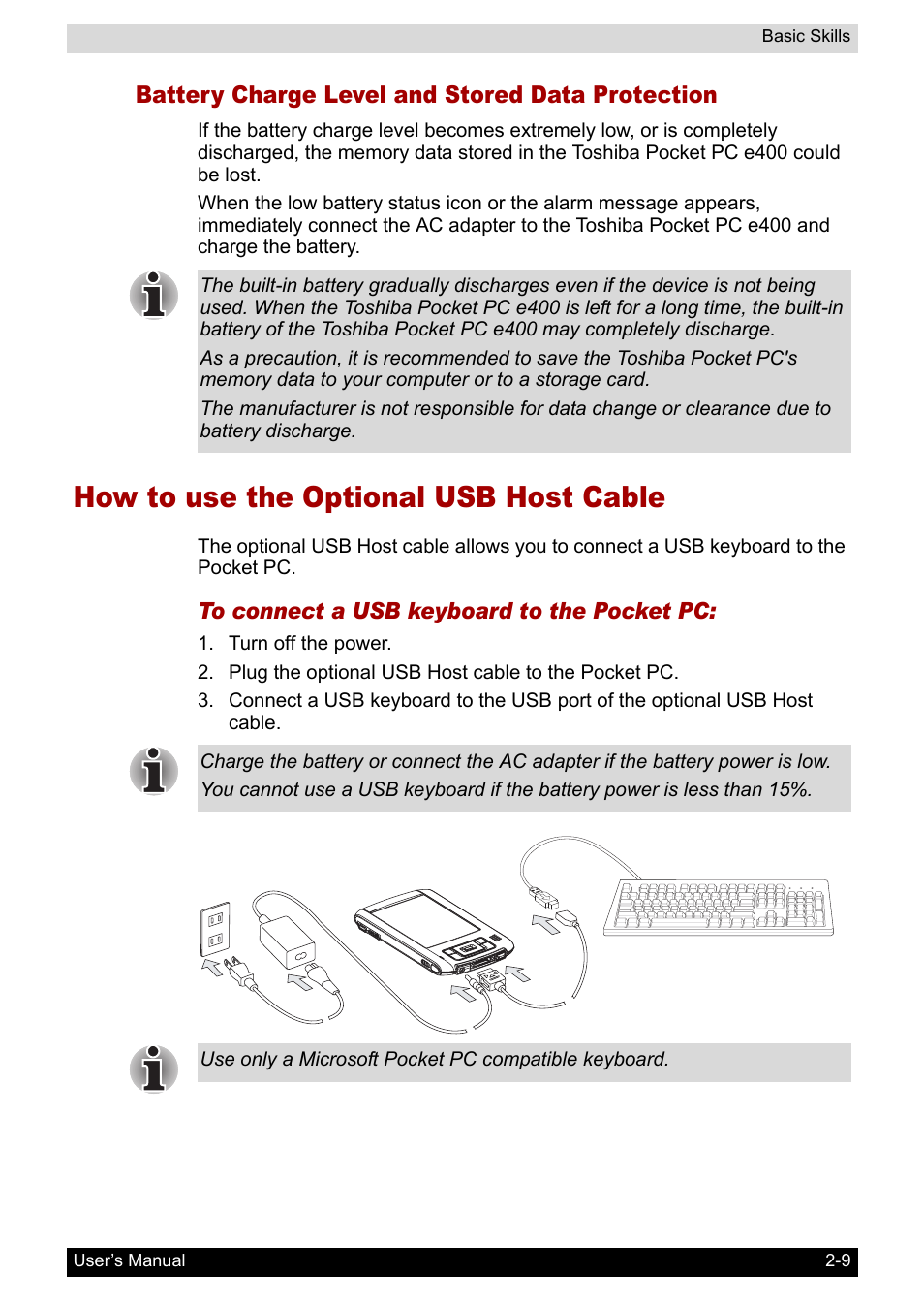 Battery charge level and stored data protection, How to use the optional usb host cable | Toshiba Pocket PC e400 User Manual | Page 26 / 116