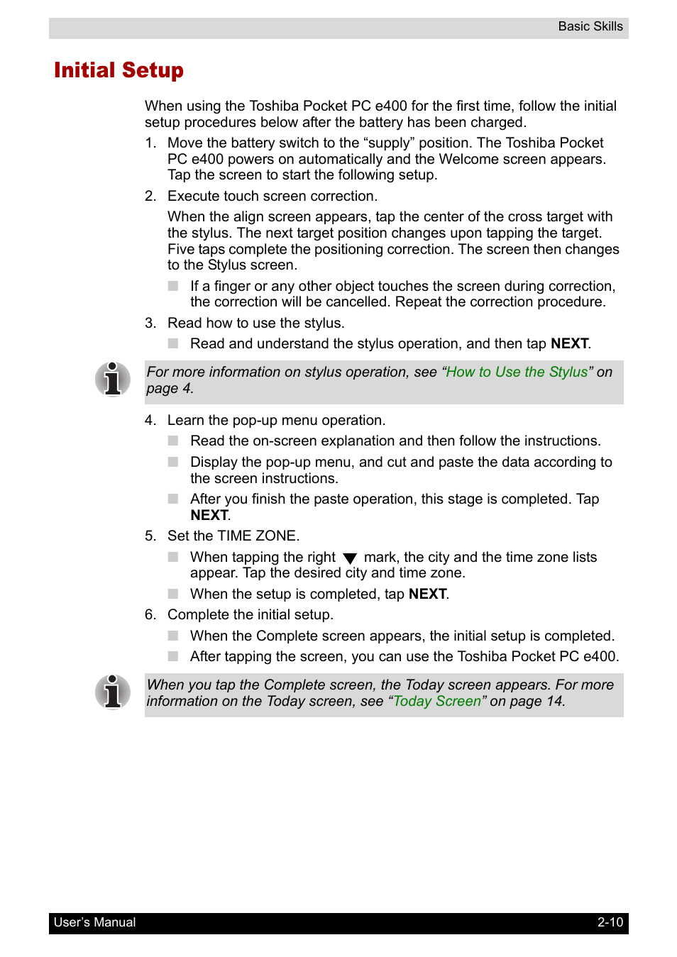 Initial setup | Toshiba Pocket PC e400 User Manual | Page 27 / 116