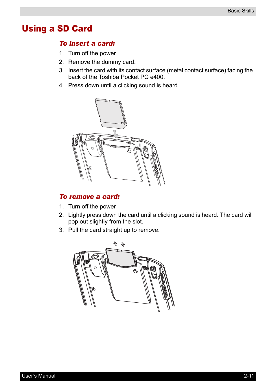 Using a sd card | Toshiba Pocket PC e400 User Manual | Page 28 / 116