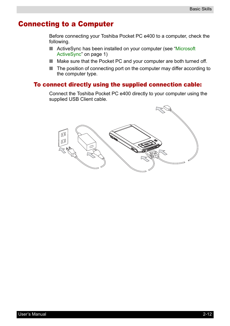 Connecting to a computer | Toshiba Pocket PC e400 User Manual | Page 29 / 116