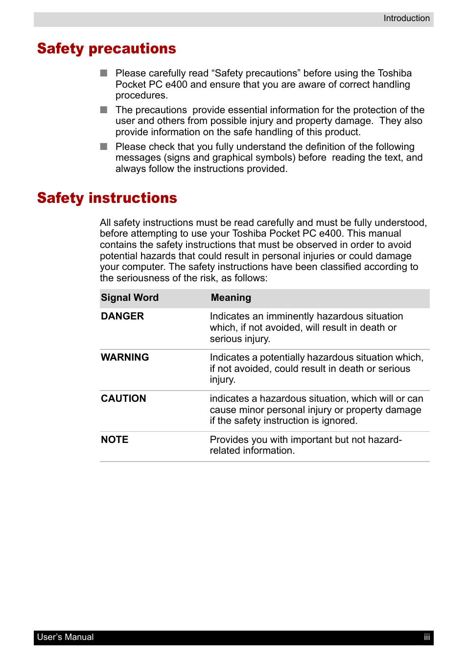 Safety precautions, Safety instructions | Toshiba Pocket PC e400 User Manual | Page 3 / 116