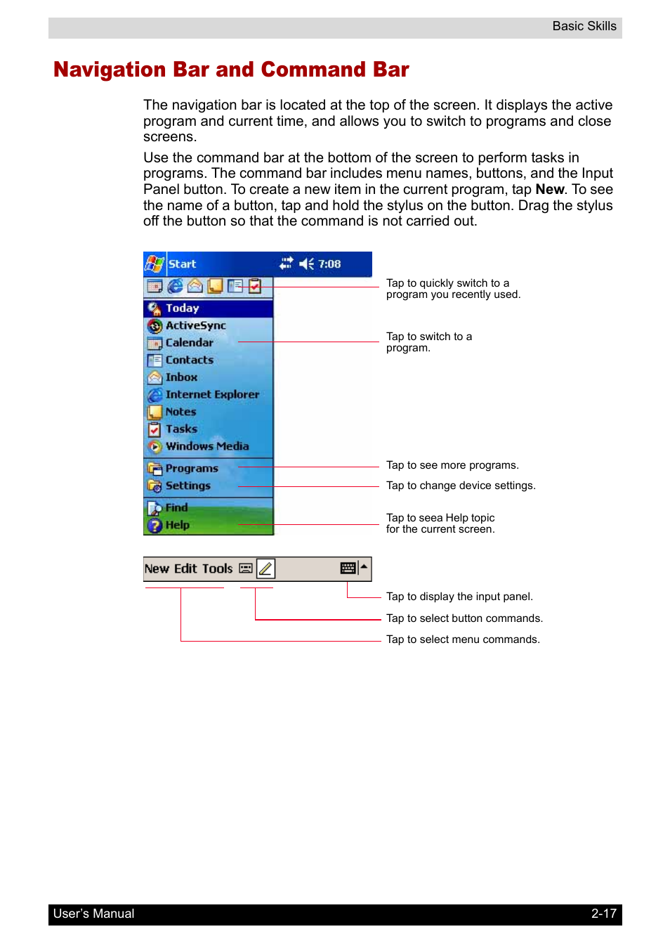 Navigation bar and command bar | Toshiba Pocket PC e400 User Manual | Page 34 / 116