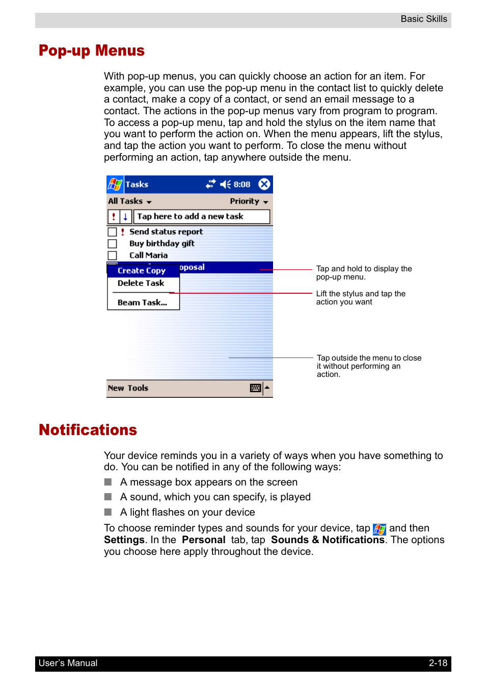 Pop-up menus, Notifications | Toshiba Pocket PC e400 User Manual | Page 35 / 116