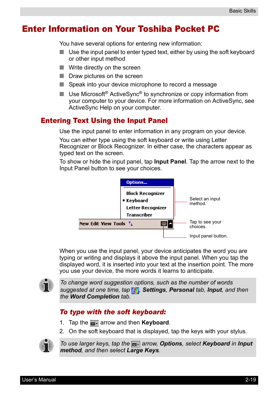 Enter information on your toshiba pocket pc, Entering text using the input panel | Toshiba Pocket PC e400 User Manual | Page 36 / 116