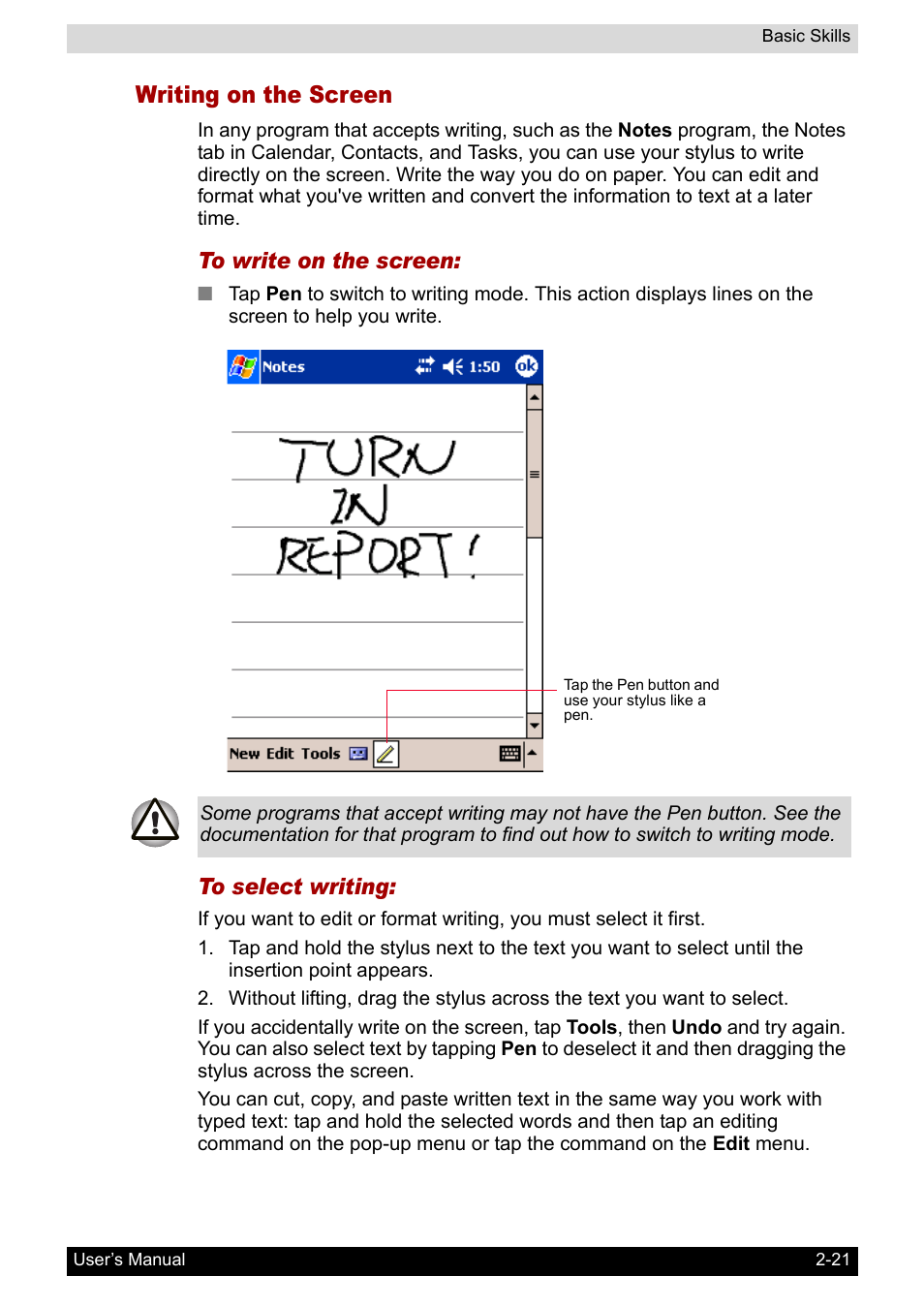Writing on the screen | Toshiba Pocket PC e400 User Manual | Page 38 / 116
