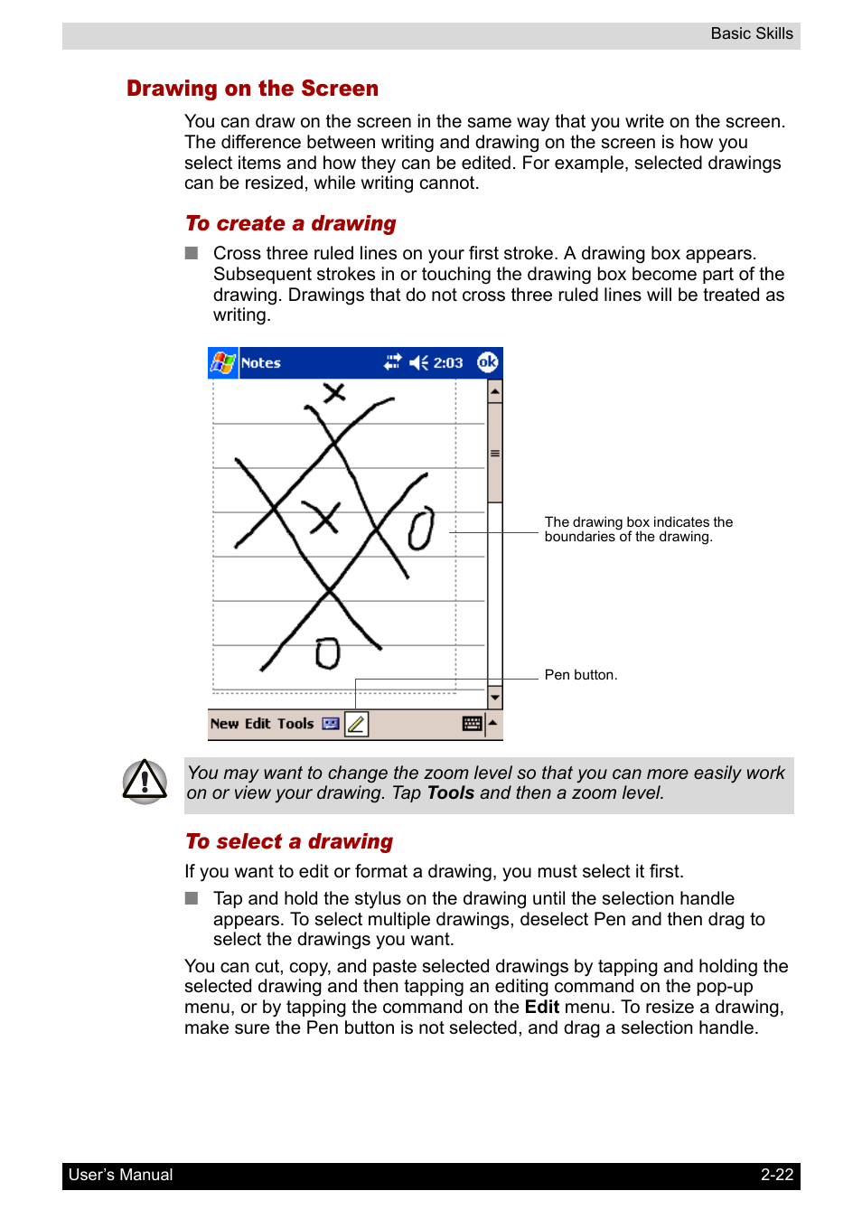 Drawing on the screen | Toshiba Pocket PC e400 User Manual | Page 39 / 116