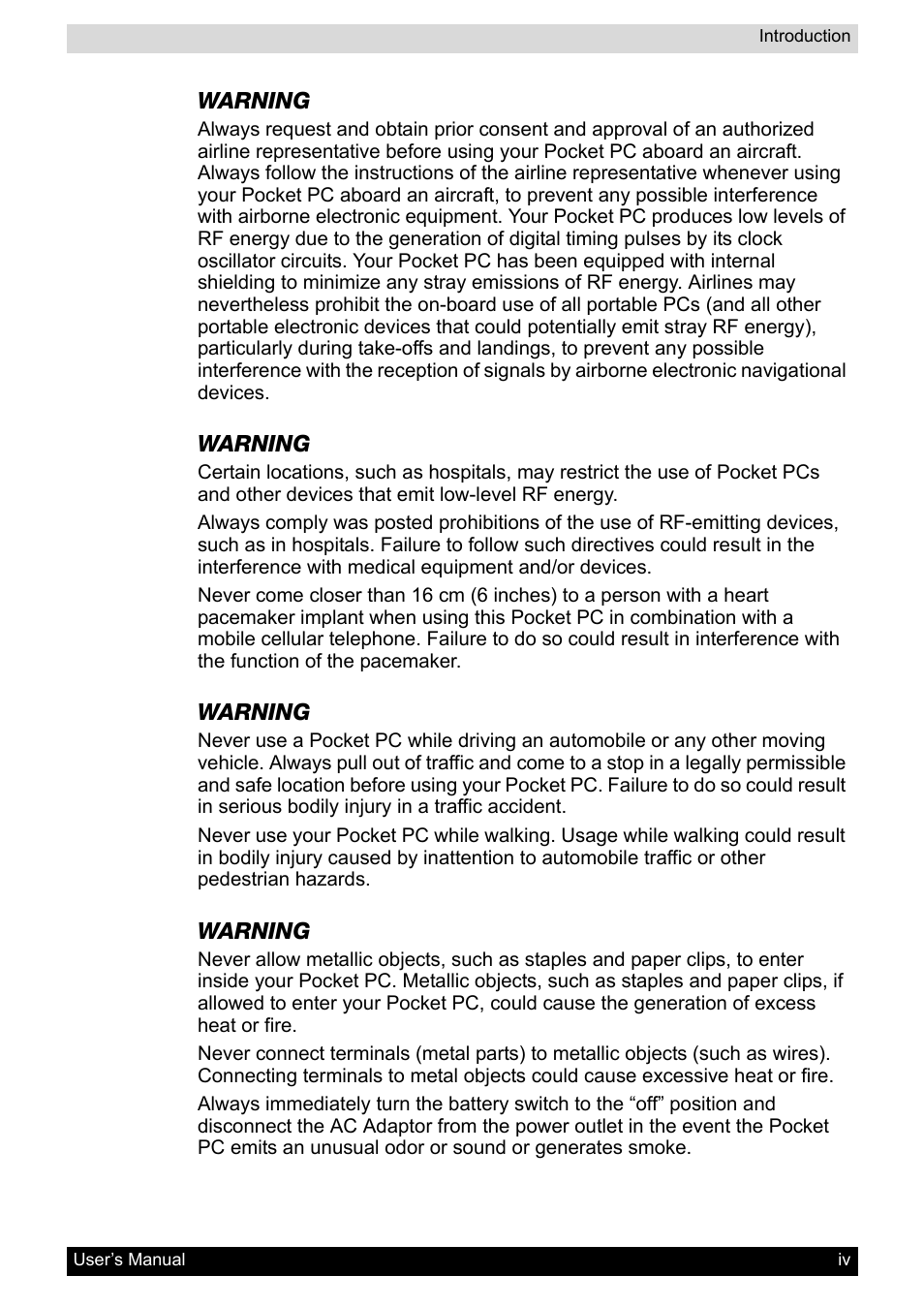 Toshiba Pocket PC e400 User Manual | Page 4 / 116