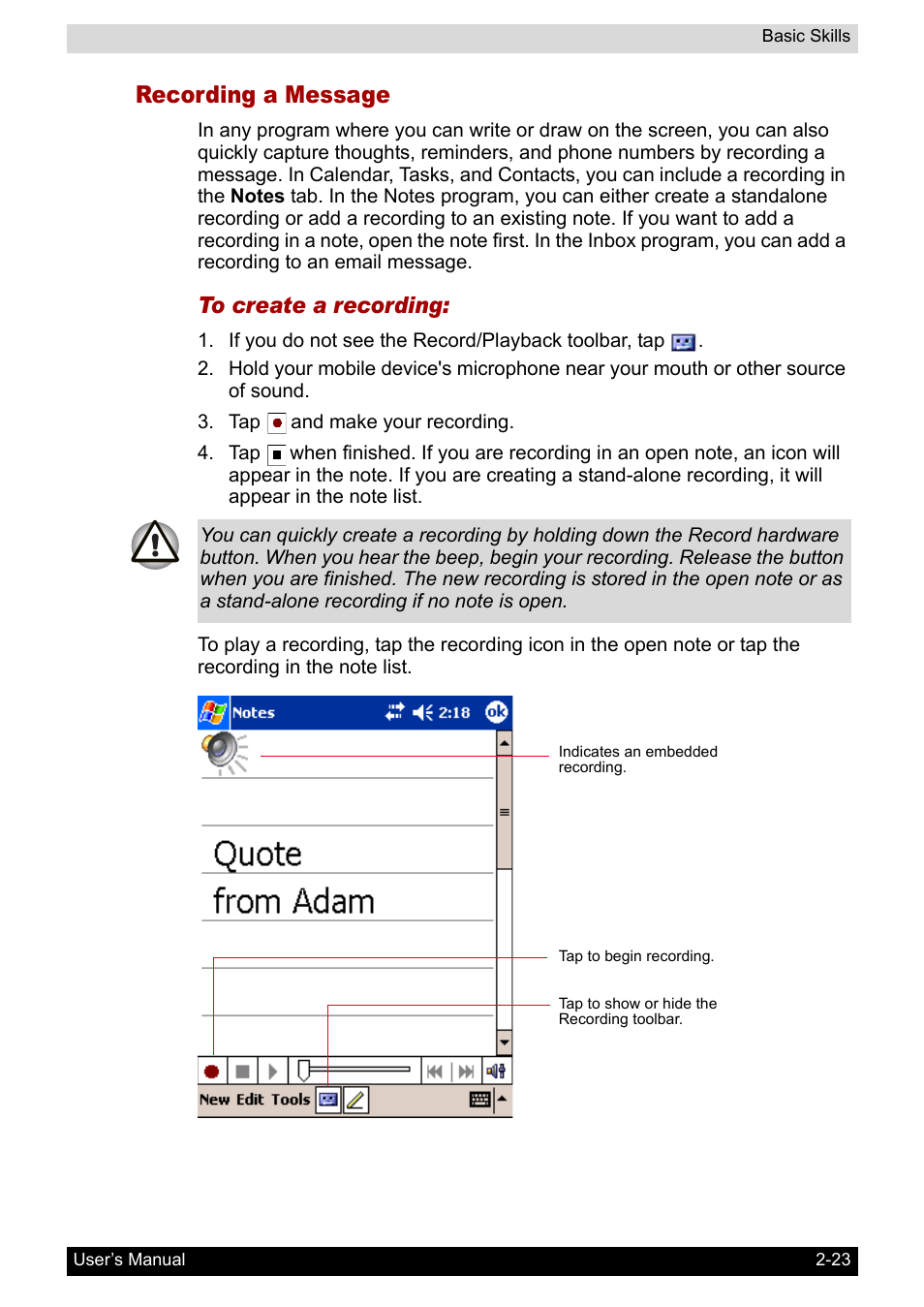 Recording a message | Toshiba Pocket PC e400 User Manual | Page 40 / 116