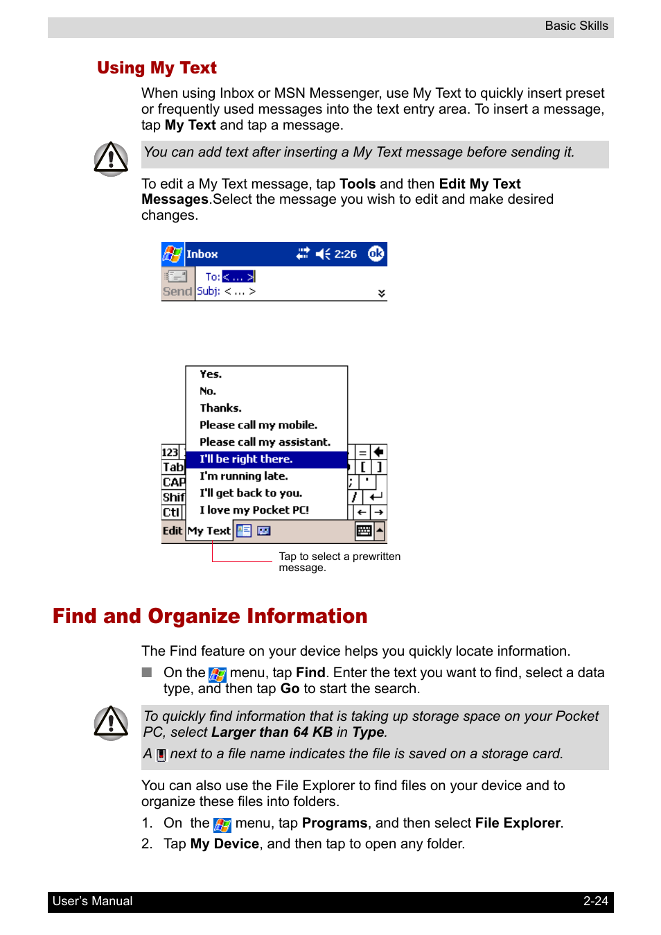 Using my text, Find and organize information | Toshiba Pocket PC e400 User Manual | Page 41 / 116