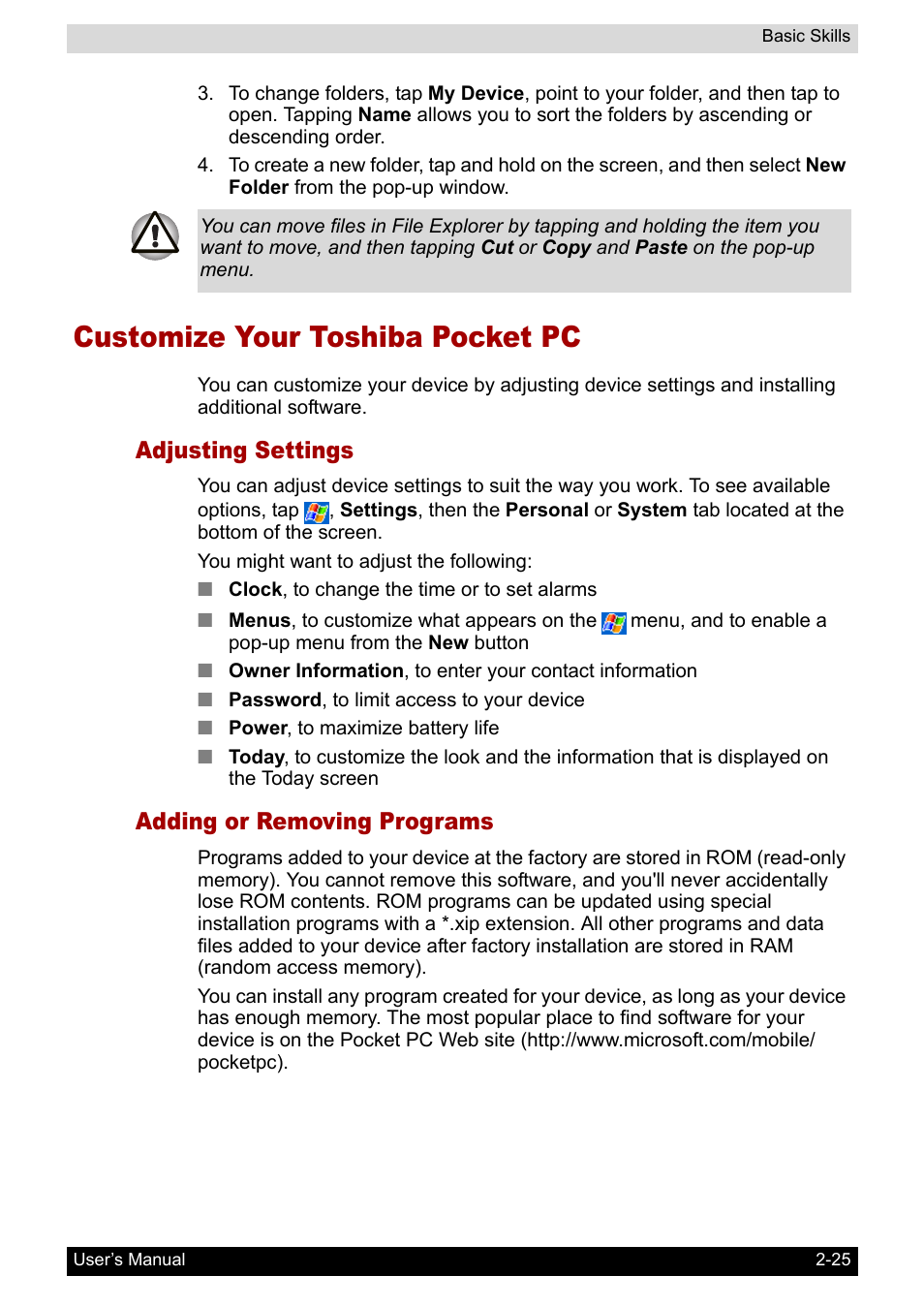 Customize your toshiba pocket pc, Adjusting settings, Adding or removing programs | Customize your toshiba pocket | Toshiba Pocket PC e400 User Manual | Page 42 / 116