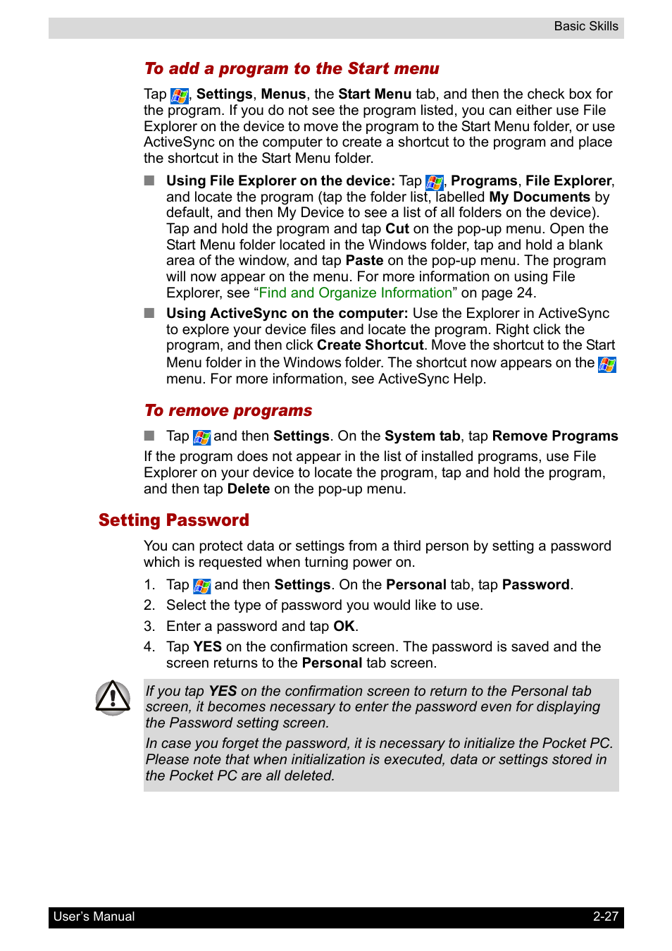 Setting password | Toshiba Pocket PC e400 User Manual | Page 44 / 116