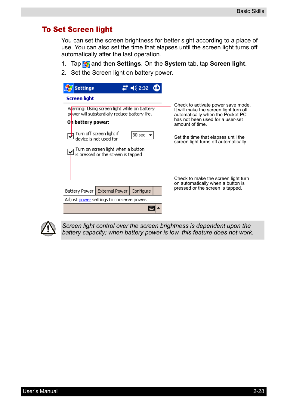 To set screen light | Toshiba Pocket PC e400 User Manual | Page 45 / 116
