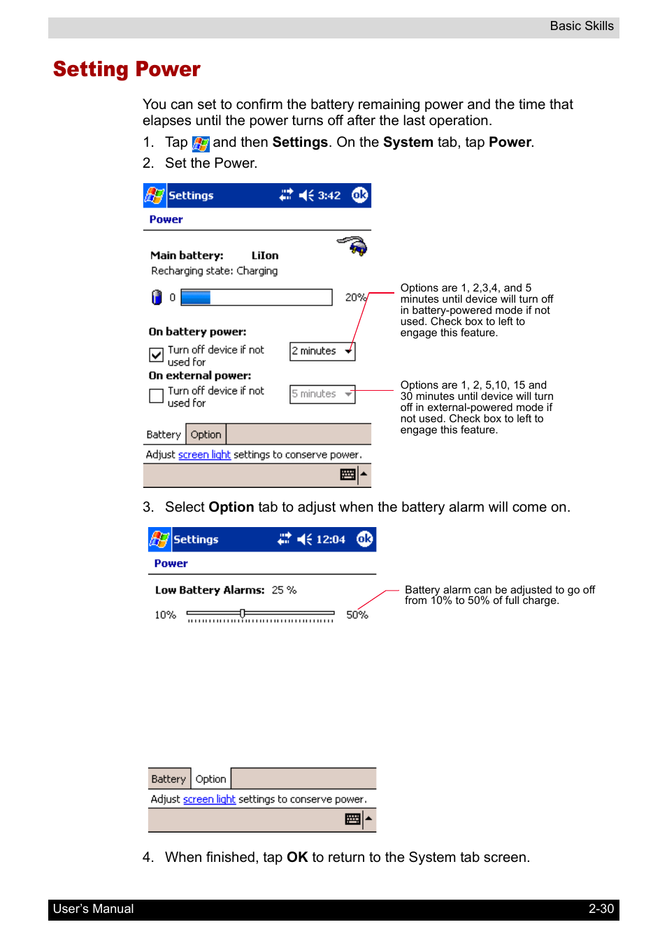 Setting power | Toshiba Pocket PC e400 User Manual | Page 47 / 116
