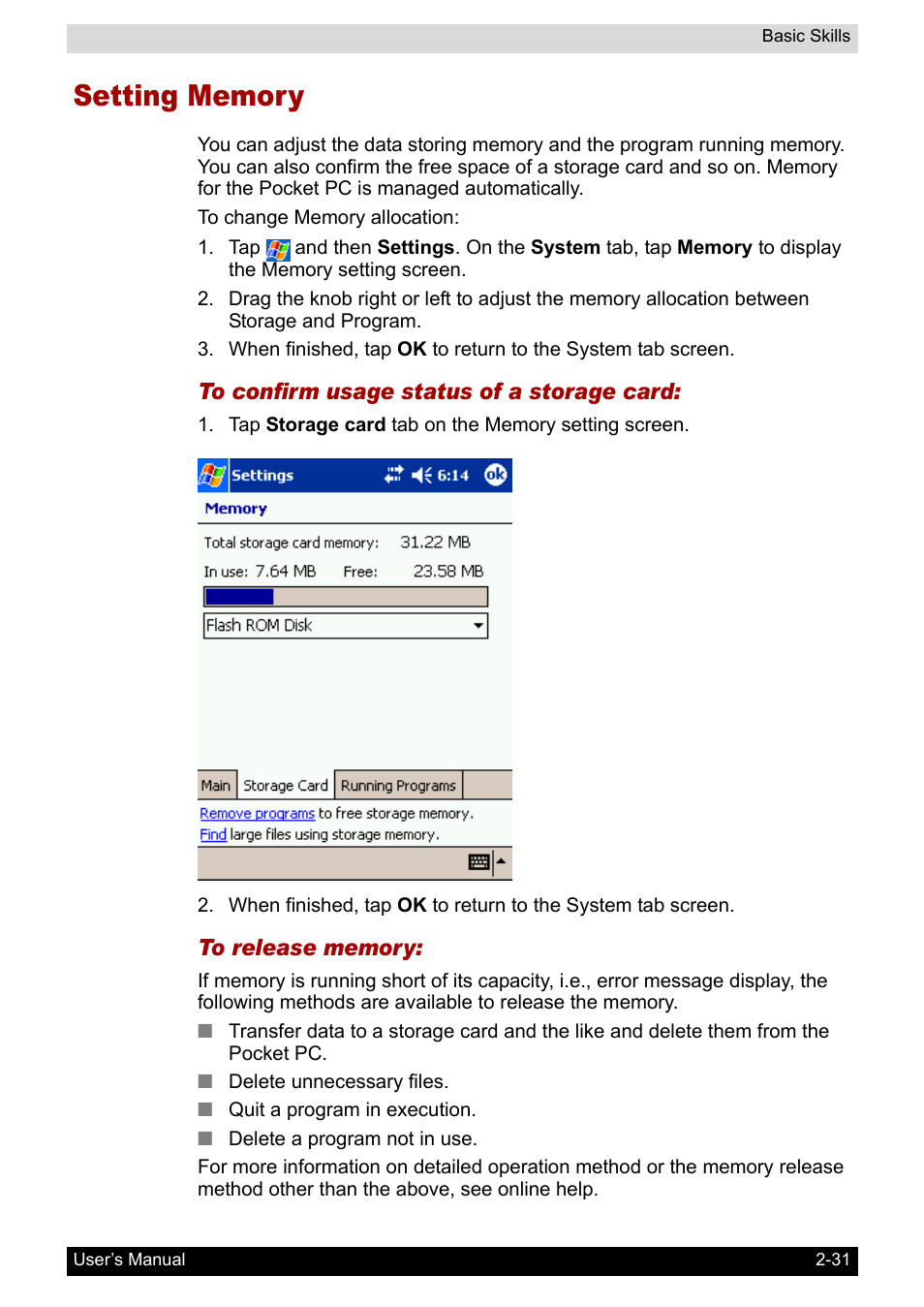 Setting memory | Toshiba Pocket PC e400 User Manual | Page 48 / 116