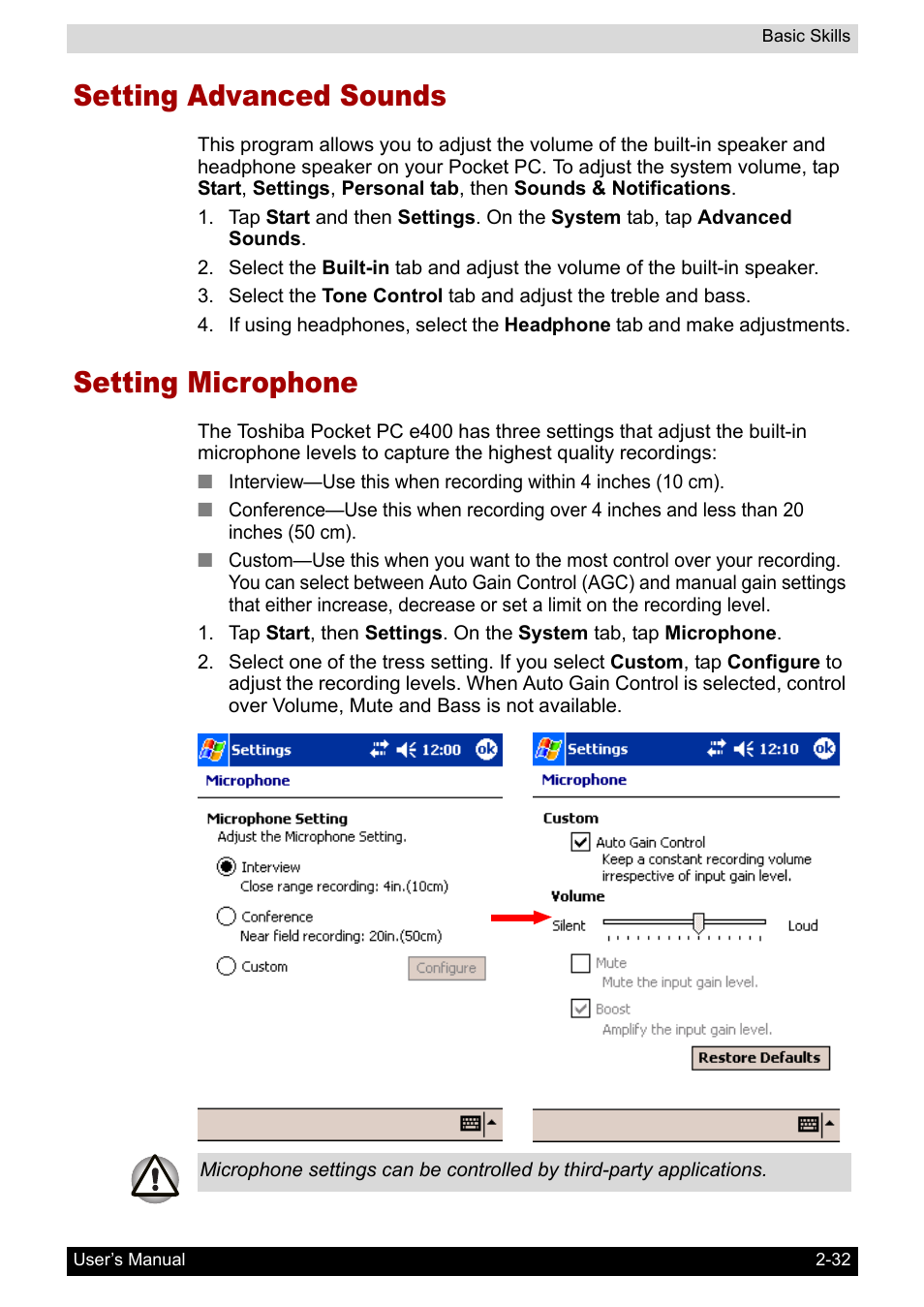 Setting advanced sounds, Setting microphone | Toshiba Pocket PC e400 User Manual | Page 49 / 116