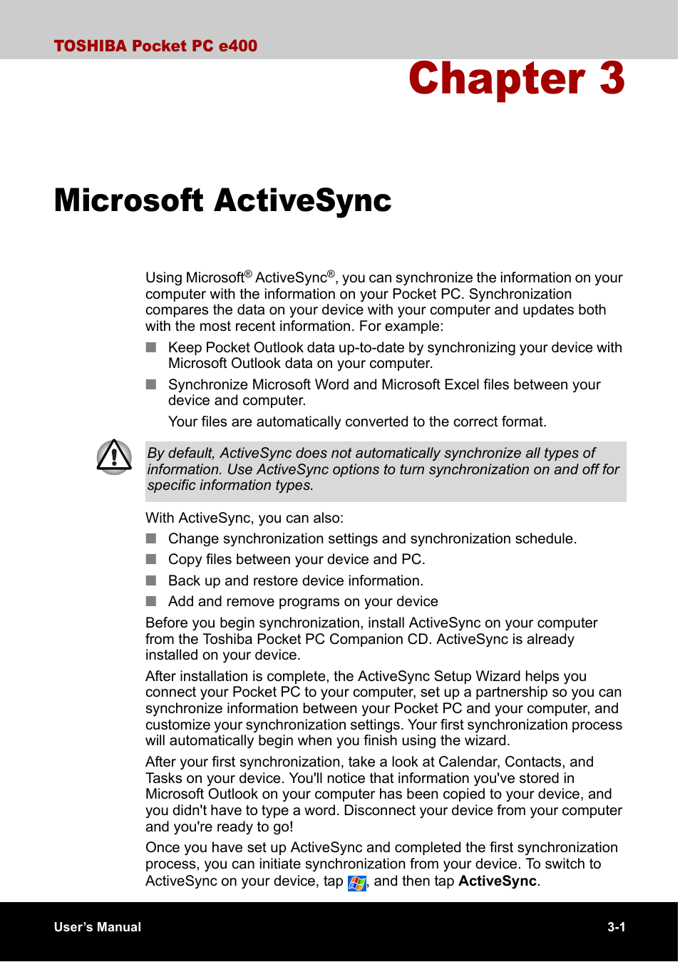 Microsoft activesync, Chapter 3 | Toshiba Pocket PC e400 User Manual | Page 50 / 116