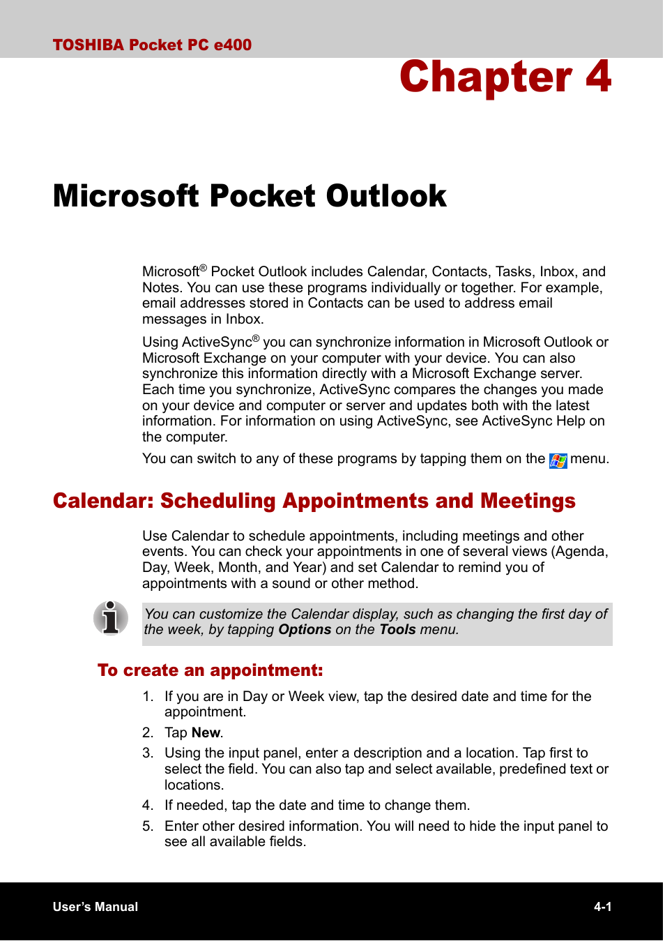 Microsoft pocket outlook, Calendar: scheduling appointments and meetings, To create an appointment | Chapter 4 | Toshiba Pocket PC e400 User Manual | Page 52 / 116