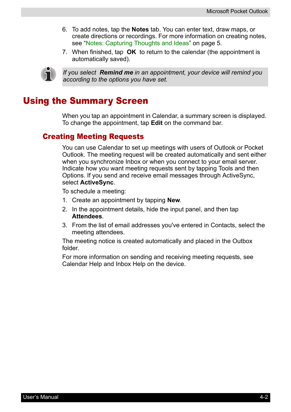 Using the summary screen, Creating meeting requests | Toshiba Pocket PC e400 User Manual | Page 53 / 116