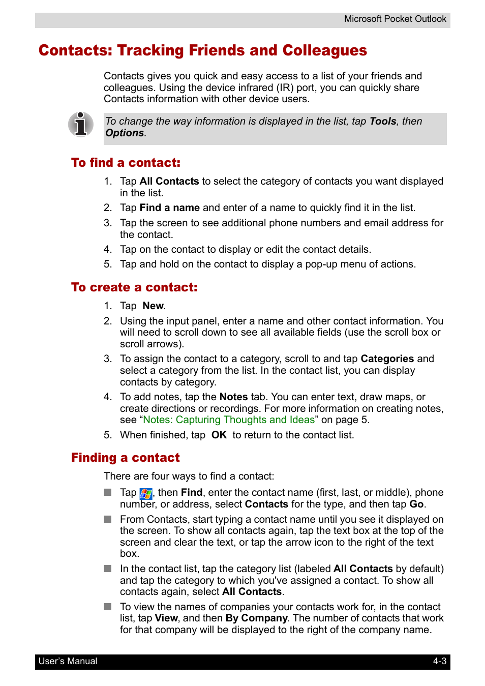 Contacts: tracking friends and colleagues, To find a contact, To create a contact | Finding a contact | Toshiba Pocket PC e400 User Manual | Page 54 / 116