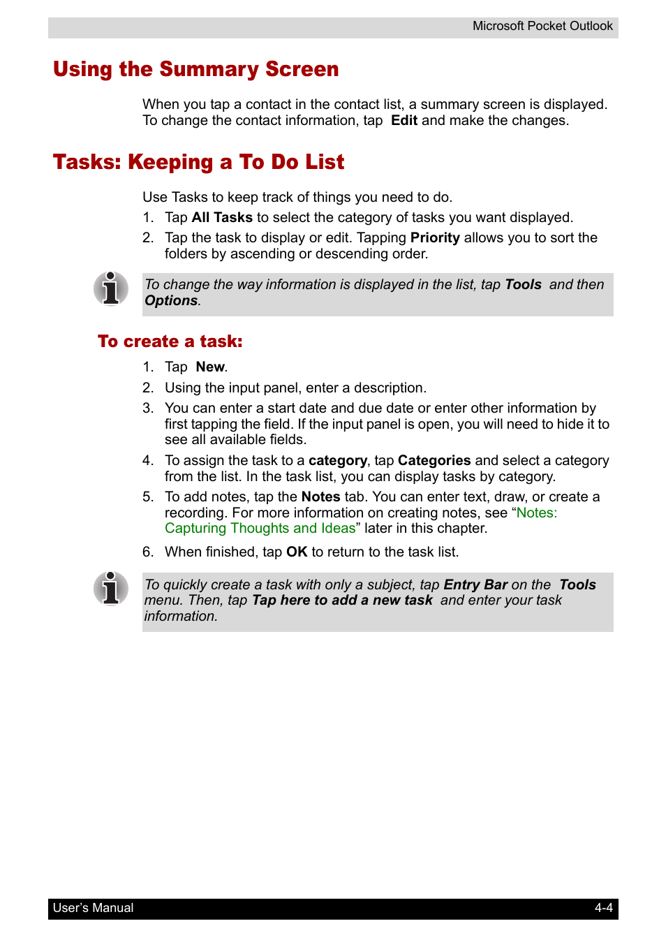 Using the summary screen, Tasks: keeping a to do list, To create a task | Toshiba Pocket PC e400 User Manual | Page 55 / 116