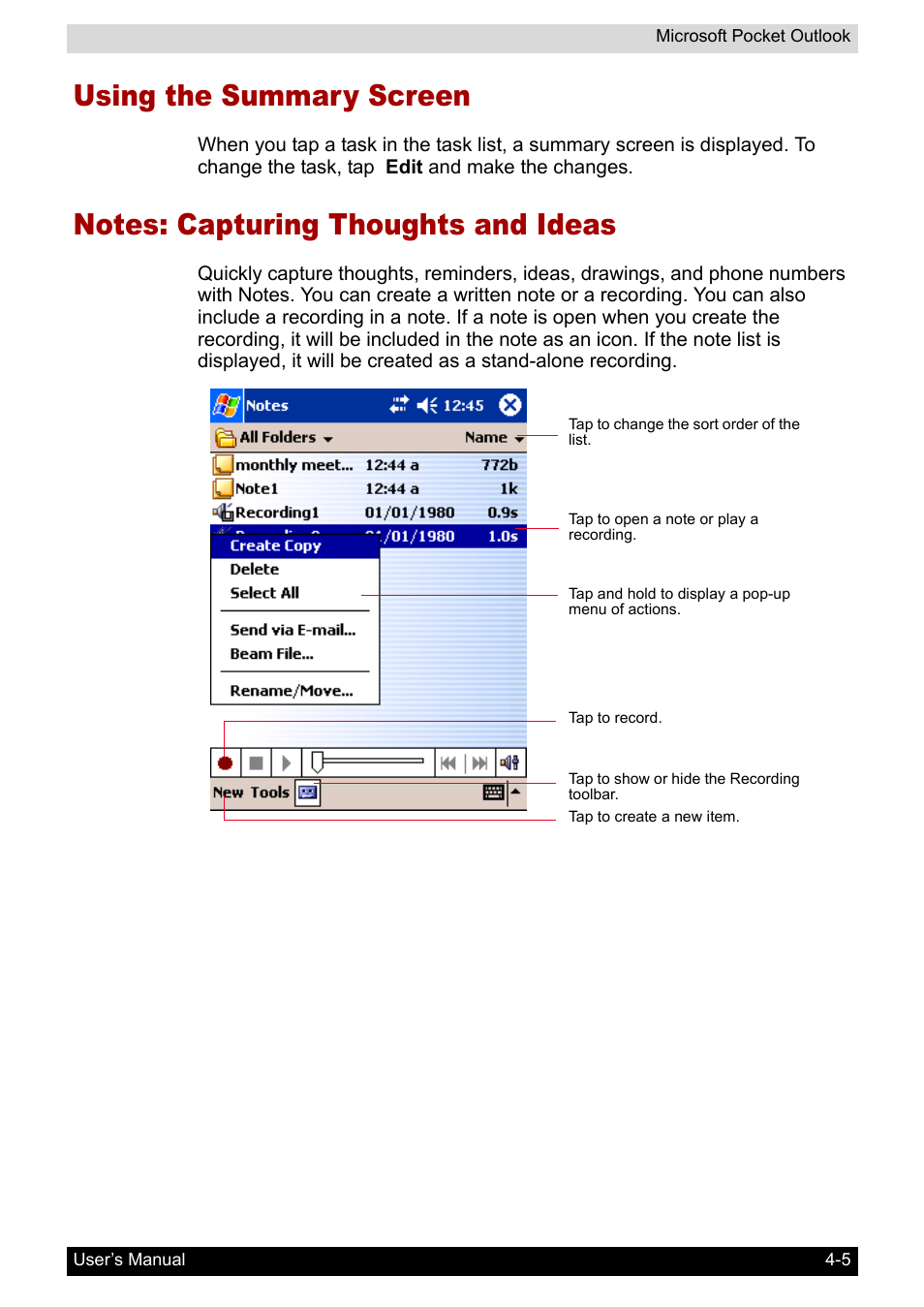 Using the summary screen, Notes: capturing thoughts and ideas, S, see | Notes, Capturing thoughts and ideas, Later in th | Toshiba Pocket PC e400 User Manual | Page 56 / 116