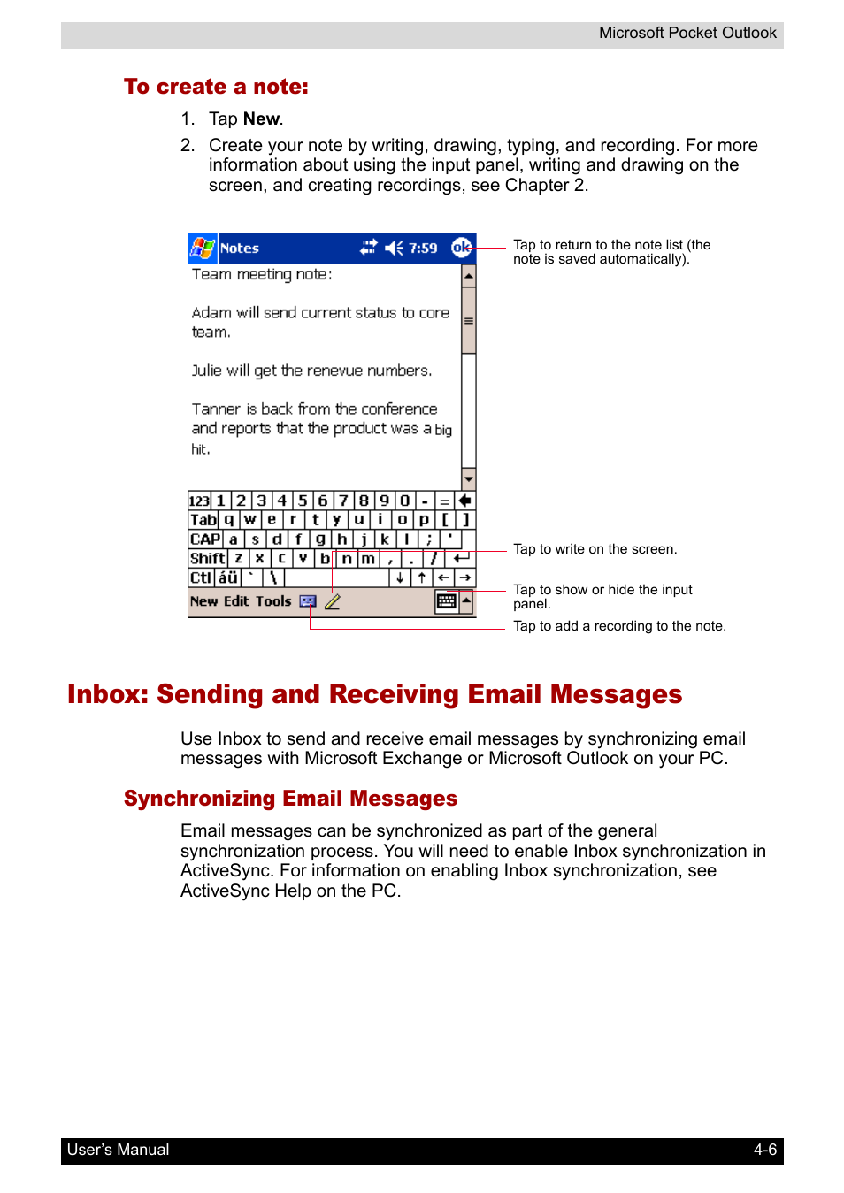 To create a note, Inbox: sending and receiving email messages, Synchronizing email messages | Toshiba Pocket PC e400 User Manual | Page 57 / 116