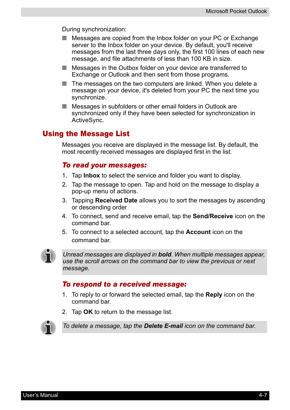 Using the message list | Toshiba Pocket PC e400 User Manual | Page 58 / 116