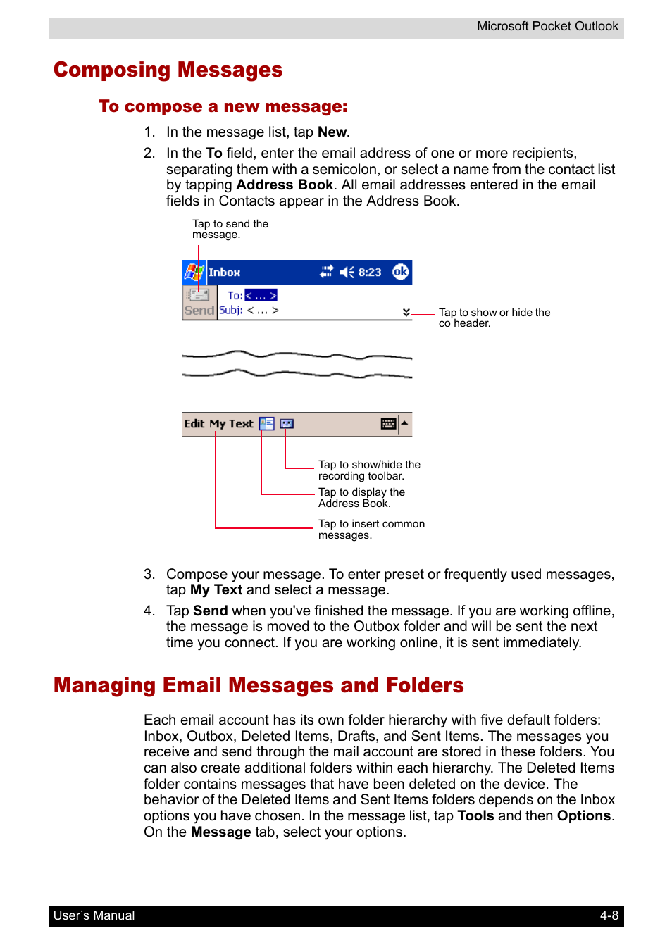 Composing messages, To compose a new message, Managing email messages and folders | Toshiba Pocket PC e400 User Manual | Page 59 / 116