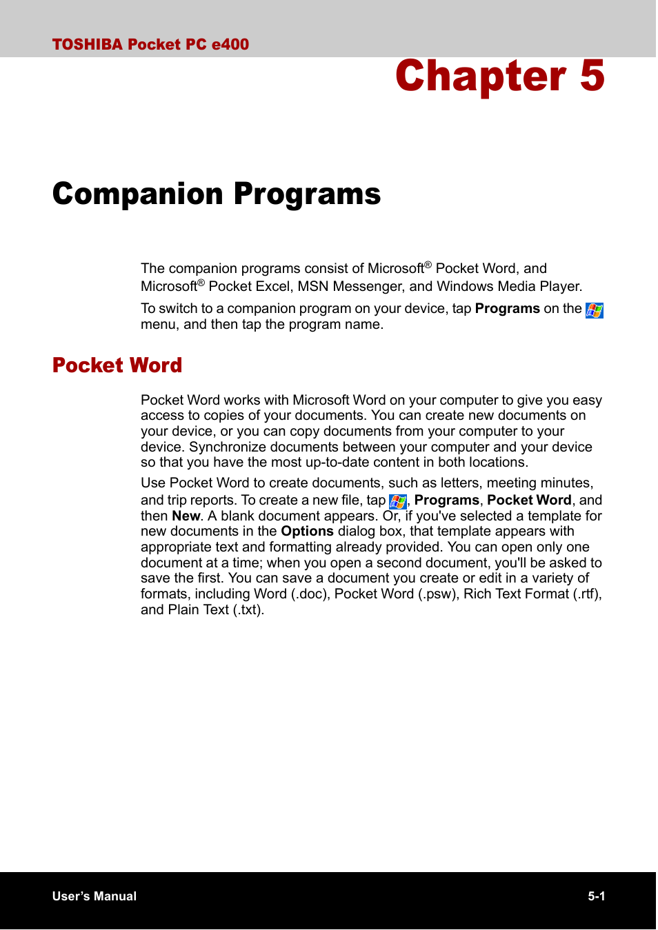 Companion programs, Pocket word, Chapter 5 | Toshiba Pocket PC e400 User Manual | Page 61 / 116