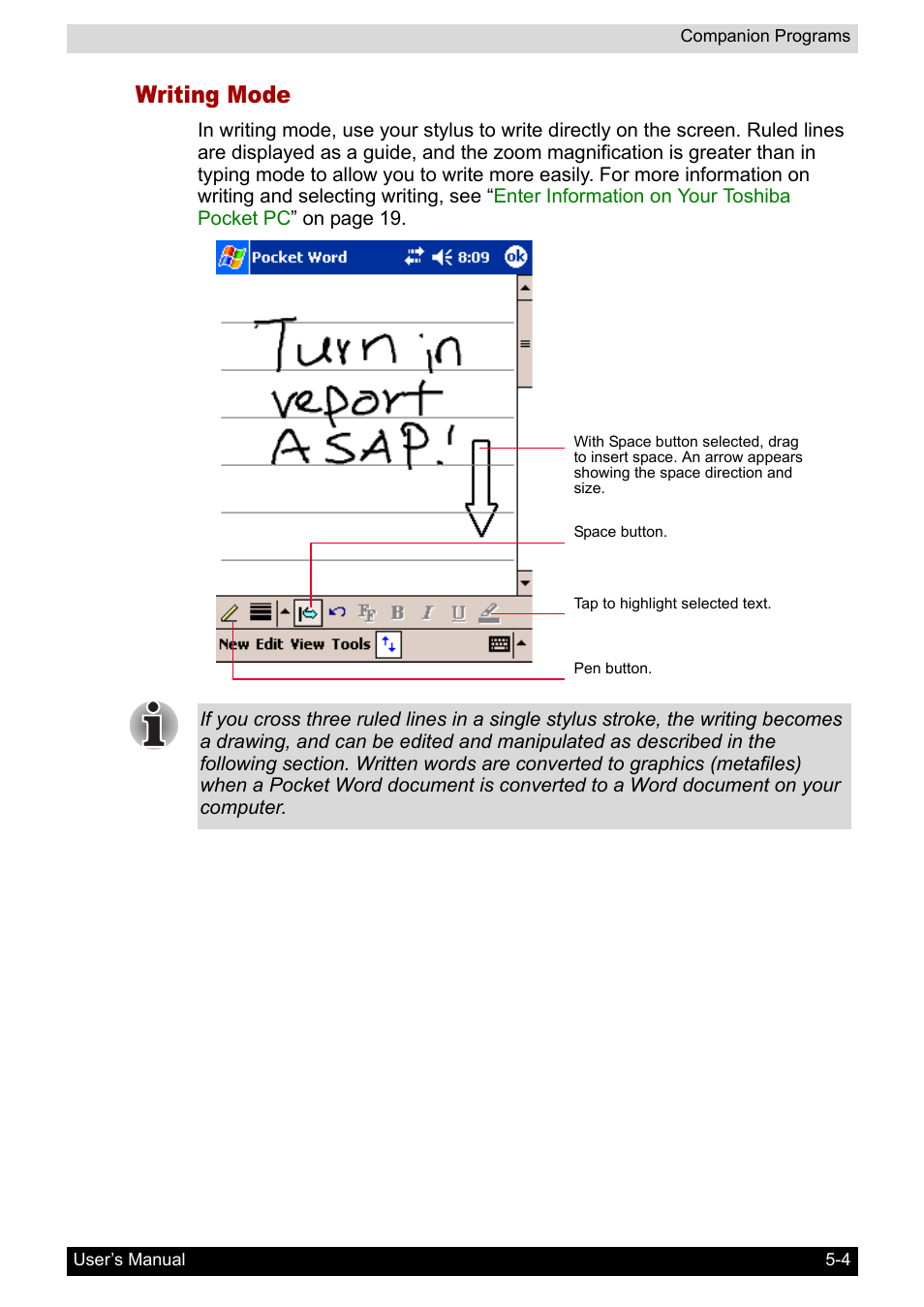 Writing mode | Toshiba Pocket PC e400 User Manual | Page 64 / 116