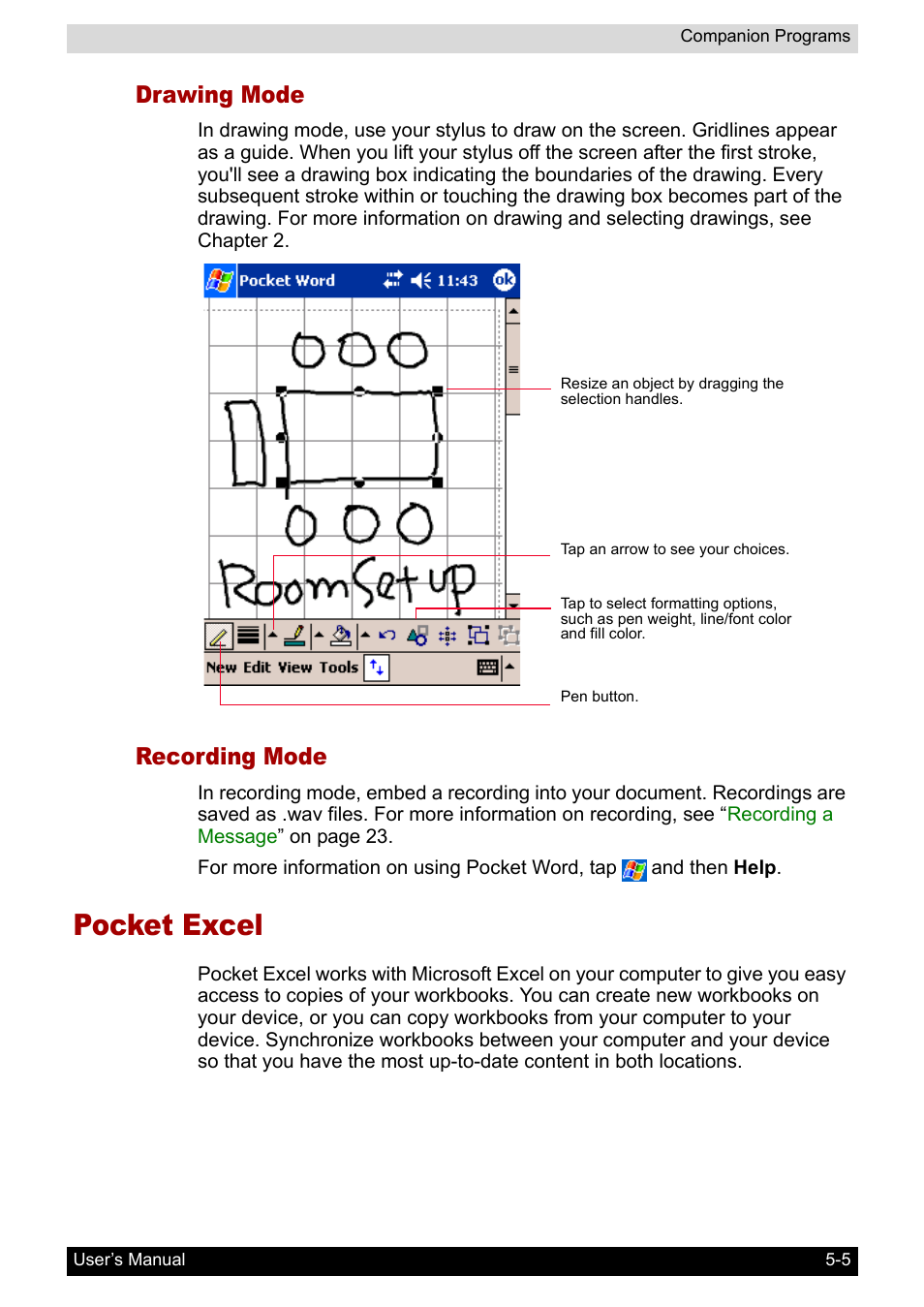 Drawing mode, Recording mode, Pocket excel | Toshiba Pocket PC e400 User Manual | Page 65 / 116